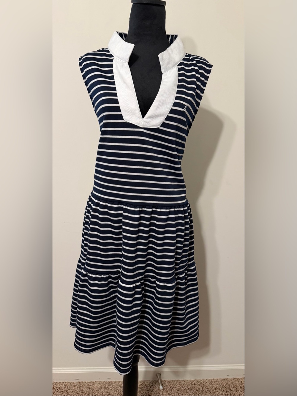 Nautica Navy & White Striped V-Neck Tiered Summer Dress